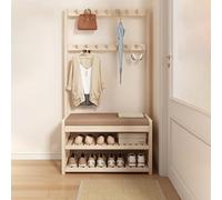 QTQHOME 3-in-1 Coat Rack Shoe Bench, Entryway Hall Tree with 10 Hooks and 2-Tier Shoe Storage Bench, Wood Coat Hat Stand Rod Storage Organizer for for Bedroom, Hallway, Office(27.6inch, Brown)