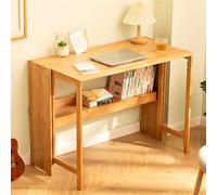 QTQHOME Bamboo Folding Desk with Bookshelf,Computer Table Space Saving, Small Foldable Student Writing Desk for Home Office Workstation (83cm/32.6", Oak)