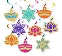 Qttier 9 Pcs Happy Diwali Hanging Swirls, Indian Traditional Decorations | Deepavali Pre-strung Hanging Ornaments for Home, Dholki Festival Decor, Diwali Party Supplies for Ceiling & Window