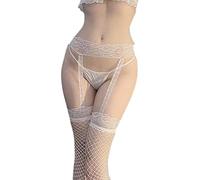QttvbTna Hold Up Fishnet Stockings for Women, 1pcs Lace Suspenders Silk Thigh High Tights, Anti-skid Cross Mesh Stocking White Fishnet Tights, Medium Net Stockings for Women's (White)