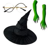 QTUN 3Pcs Witch Costume Accessories Set Include Black Hat Glasses with Green Claw Gloves Halloween Movie Cosplay Props Wicked Witch Fancy Dress Glamour Costume