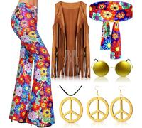 QTUN 7Pcs 60s 70s Outfits for Women Halloween Hippie Costume Set with Boho Flared Pants Fringe Vest Headband Peace Sign Accessories Ladies Peace Lovin' Hippie Fancy Dress Costume 70s Disco Outfit