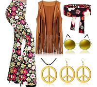 QTUN 7Pcs 60s 70s Outfits for Women Halloween Hippie Costume Set with Boho Flared Pants Fringe Vest Headband Peace Sign Accessories Ladies Peace Lovin' Hippie Fancy Dress Costume 70s Disco Outfit