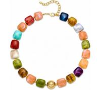 QTUN Colorful Chunky Necklaces for Women Trendy Multicolored Large Square Resin Beads Necklace Marbled Bold Statement Choker with Gold-Tone Bead Y2K Boho Summer Vacation Costume Jewelry Gifts