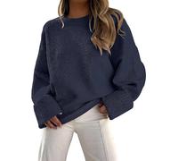QTUN Ladies Jumpers Crewneck Long Sleeve Jumpers for Women Oversized Fuzzy Knit Chunky Warm Pullover Sweater Top Dark Blue