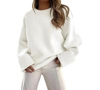 QTUN Ladies Jumpers Crewneck Long Sleeve Jumpers for Women Oversized Fuzzy Knit Chunky Warm Pullover Sweater Top White