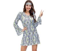 QTUN Womens 70s Sensation Disco Costume Halloween Glitter Disco Dress with Headband Retro Gogo Girl Fancy Dress Costume Hippie Disco Outfit for Party Light Blue