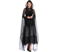 QTUN Women's Medieval Gothic Witch Vampire Dress Adult Witch Costume Renaissance Outfit Halloween Vampire Costume Set with Mesh Cloak Gloves
