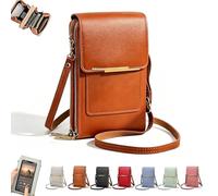 QTVKMAS Elegant Women's Touchscreen Crossbody Phone Purse, Anti-theft Leather Messenger Bag, Mobile Phone Purse with Clear Window for Shopping(Brown)