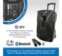 QTX Portable PA Busker-12 - Rechargeable, 12-inch, 2 Wireless Microphones, Bluetooth
