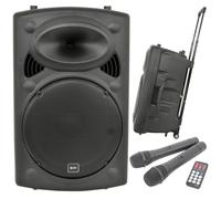 QTX | QR15PA Portable PA Speaker System with Bluetooth, TWS Stereo, Dual UHF Wireless Microphones, USB/SD/FM Media Player, Rechargeable Battery, Trolley, Compact Wireless Amplifier
