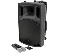 qtx | QX12PA Plus Complete Portable PA System | 2 x UHF Wireless Microphones & Media player USB/SD/FM/Bluetooth Connectivity,Black,12"
