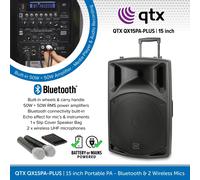 QTX QX15PA-PLUS 15" Portable PA Speaker With Bluetooth 2 Wireless Mics & Cover