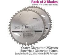 QTY 2 250mm x 30mm TCT Circular Saw Blades 40T 60T 25mm 20mm 16mm Rings