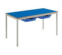 Qty 4 - School Classroom Tray Tables, 11-14 Years - 120wx60dx71h (cm), Speckled Grey Frame, Beech Top, Blue Trays