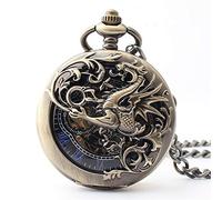 QTYQWC Antique Mechanical Pocket Watch Lucky Dragon & Phoenix Black Skeleton Dial Roman Numberals with Chain
