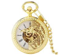 QTYQWC Golden Double Open Case lid Phoenix Semi-Hollow Mechanical Pocket Watch Hollow Cover Hand Winding Chain Watch for Men Women