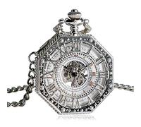 QTYQWC Hand Winding Mechanical Pocket Watch Chain Fashion Silver Octagon Shape Skeleton Carving Men Watches