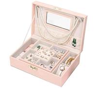 QTYQWC Jewelry Box Leather Jewelry Boxe with Lock Organizer Box Double Layer Heart Shaped Key Lock with Necklace Hangers Mirror Jewellry Holder