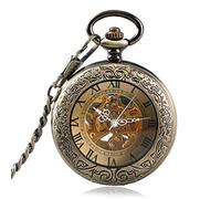 QTYQWC Luxury Bronze Roman Numerals Automatic Mechanical Pocket Watch Men Women Carving Retro Transparent Glass Cover Chain Gift