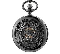 QTYQWC Mechanical Pocket Watch Dragon Play Ball Steampunk Skeleton Hand-Wind Flip Clock Watch with Chain for Men Women Collection