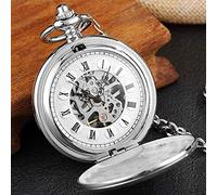 QTYQWC Silver Stainless Steel Vintage Mechanical Pocket Watch Stripe Engraved Double Side Case Skeleton Watch Steampunk Men Women