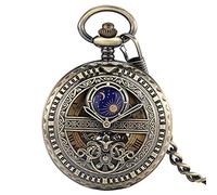 QTYQWC Simulation Pointer Blue Moon Sun Hollow Style Lady Pocket Watch Manual Mechanical Good Dial Practical Thick Chain Clock Mom Gift