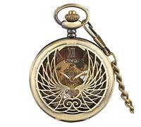 QTYQWC Steampunk Black/Bronze Hollow Phoenix Carving Mechanical Pocket Watch Roman Numerals Display Pin Chain Retro Clock Collectibles