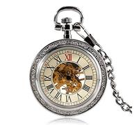 QTYQWC Steampunk Silver Skeleton Mechanical Pocket Watch Chain Open Face Design Hand Wind Women Men Watches Xmas Gifts Clock