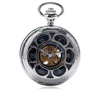 QTYQWC Vintage Black/Silver Semicircle Mechanical Hand Wind Pocket Watch Chain Luxury Steampunk Women Men Watches Male Clock Gifts