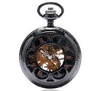QTYQWC Vintage Black/Silver Semicircle Mechanical Hand Wind Pocket Watch Chain Luxury Steampunk Women Men Watches Male Clock Gifts