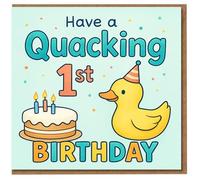Quacking 1st Birthday Card - Cute Duck with Party Hat and Cake - Fun Pun First Birthday Card for Kids