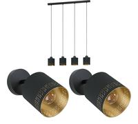 Quad Ceiling Light & 2x Matching Wall Lights Black & Gold Round Fabric Shade
