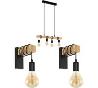 Quad Ceiling Light & 2x Matching Wall Lights Black & Wood Hanging Trendy Lamp