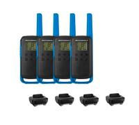 Quad Pack Blue Motorola T62 + 4 Charging Docks License-free radio ideal for outdoor activities, 16 channels, and LCD screen with charging docks