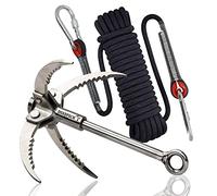 QUADPALM Grappling Hook with 10m Rope - Multifunctional Grapple Hook - 2 Locking carabiners - 4 Stainless Steel Folding Claws - Heavy Duty - Outdoor Camping Hiking Climbing Equipment (Black Rope)