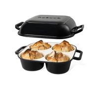 QuadPro Enamelled Cast Iron Bread Loaf Pot - Dutch Oven for Sourdough Bread Baking - 500°F Oven Safe Non Stick Bread Pot - 4 Round Loaf Spaces (12.5cm Diameter), Black - by Nuovva