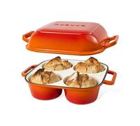 QuadPro Enamelled Cast Iron Bread Loaf Pot - Dutch Oven for Sourdough Bread Baking - 500°F Oven Safe Non Stick Bread Pot - 4 Round Loaf Spaces (12.5cm Diameter), Orange - by Nuovva