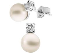 QUADRI - Pearl and Zircon Earrings for Women in 925 Silver - 7mm Round White Freshwater Cultured Pearls - Made in Italy - Gift Box Included