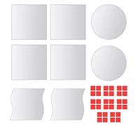 QUAHEAS 16-Piece Glass Mirror Tile Set Frameless 20.5 x 20.5 cm with Adhesive Strips Square Oval S-shaped for Wall Mounting Living Room Bedroom Bathroom Hallway Decoration Lighting Magnification
