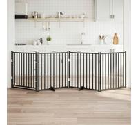 QUAHEAS 4-Piece Dog Gate Made of Solid Fir Wood with Folding Door, Black, 320 cm, Freestanding for Small and Medium Dogs, Ideal as a Barrier in the Home, Garden, Patio, Camping