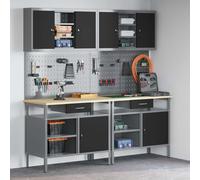 QUAHEAS 8 Piece Red and Grey Powder Coated Steel Workbench Set with Storage Space, Drawers, Metal Shelves, Perforated Wall and Tool Cabinet for Workshop, Garage, Hobby Room, DIY