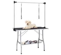 QUAHEAS Adjustable Dog Cat Trimming Table with 2 Loops, Non-Slip Surface, Foldable, Basket for Storage, 110 x 60 x 76 cm, Ideal for Grooming, Brush, Scissors