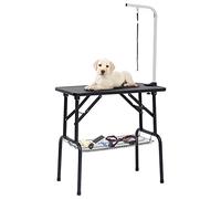 QUAHEAS Adjustable Dog Cat Trimming Table with Stainless Steel Legs, Non-Slip Surface, 81 x 48.5 x 80 cm, 1 Loop, Storage Basket, Foldable for Grooming and Dog Grooming at Home