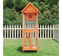 QUAHEAS Aviary Brown Solid Pine Wood 60 x 58.5 x 160 cm with Wire Mesh Waterproof Roof, Perch, Nesting Box, Drawer and Protection for Parrot, Budgies