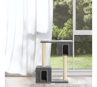 QUAHEAS Cat Scratching Post with Sisal Scratching Posts Made of Wood Material Light Grey 60 cm High with Plush Platform, Two Houses, Sturdy Scratching Barrel and Lying Surface for Indoor, Balcony