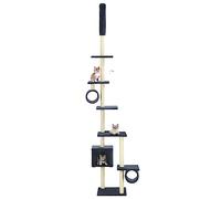 QUAHEAS Cat Tree with Sisal Scratching Posts and Plush Cover, 260 cm, Dark Blue, Multi-Tier Scratching Post with House, Barrel, Platform, Toy for Climbing, Claw Care