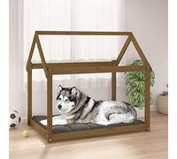 QUAHEAS Dog Bed Honey Brown Made of Solid Pine Wood 111 x 80 x 100 cm with Non-Slip Cushion and Washable Mattress, Pet-Friendly Basket for Cuddly Sleeping Area and Gentle on the Joints
