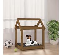 QUAHEAS Dog Bed Honey Brown Made of Solid Pine Wood 61 x 50 x 70 cm with Comfortable Lying Surface, Non-Slip Cushion, Washable Mattress for Pet Sleeping Area and Cuddly Basket