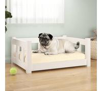 QUAHEAS Dog Bed White Solid Pine Wood 65.5 x 50.5 x 28 cm with Non-Slip Cushion and Washable Cover for Pet Sleeping Place Cuddly Basket